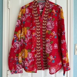 Rodeo Quincy Red Floral Embroidered Western Style Blouse size XL